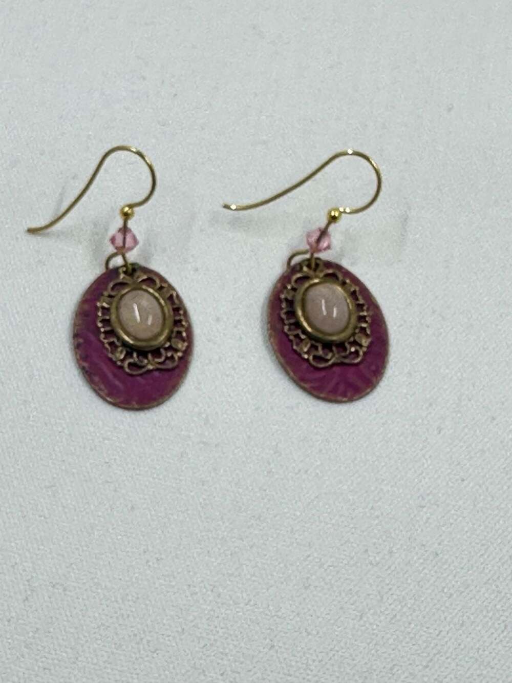 Vintage Style Filigree Oval Dangle Earrings Pink Cabochon and Crystal Accent